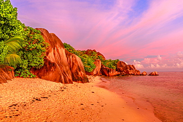 Granite boulders on beach, Anse Source d'Argent at twilight, La Digue, Seychelles, Indian Ocean, Africa