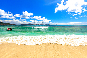 Felicite Island, tropical sea background and landscape of Seychelles beach close to La Digue, Seychelles, Indian Ocean, Africa