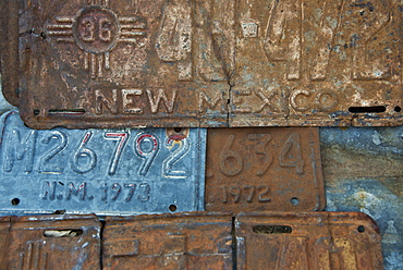 Vintage license plates in Embudo, Gas station museum, Embudo, New Mexico, United States of America, North America