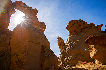 Sandstone sculptures and sun flare in Bisti/De-Na-Zin Wilderness in New Mexico, United States of America, North America