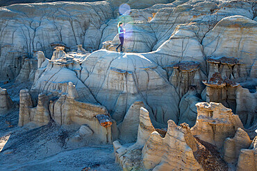 Hiking around hoodoo sandstone formations in Bisti/De-Na-Zin Wilderness, New Mexico, United States of America, North America