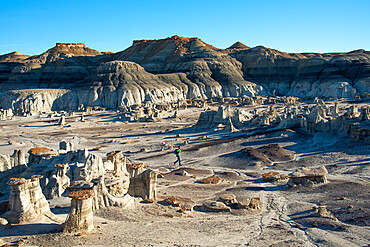 Hiking around hoodoo sandstone formations in Bisti/De-Na-Zin Wilderness, New Mexico, United States of America, North America