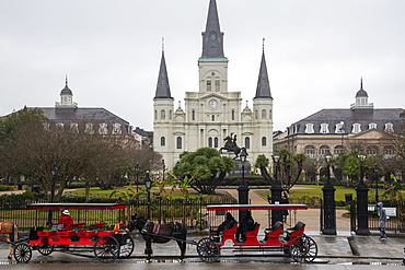 Jackson Square in the French Quarter on a dreary, foggy day before Mardis Gras, New Orleans, Louisiana, United States of America, North America