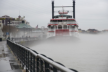 Paddlewheel boat in the fog on the Mississippi River, New Orleans, Louisiana, United States of America, North America