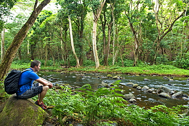 Man resting beside Wailua River, Kauai, Hawaii, United States of America, North America