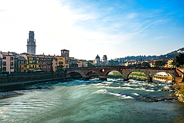 Panoramic view of Ponte Pietra bridge on Adige River, Verona, Veneto region, Italy, Europe