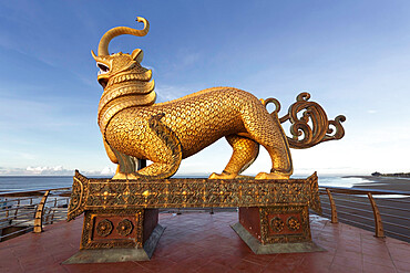 The Bya La statue at the Sittwe Viewpoint park, Viewpoint beach and the Bay of Bengal in the background, Sittwe, Rakhine, Myanmar (Burma), Asia