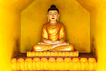 A gold-coloured Buddha statue in a yellow alcove in a temple opposite to Shwezadi Monastery, Sittwe, Rakhine, Myanmar (Burma), Asia