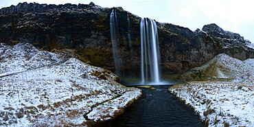 Seljalandsfoss waterfall in the winter, Iceland, Polar Regions