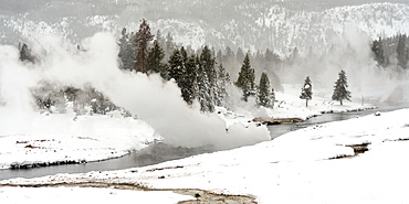 Hot Springs emptying on the Firehole River, Wyoming, United States of America, North America