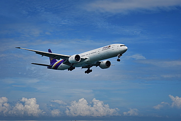 Thai Airways Boeing 777 approaching Phuket International Airport, Thailand, Southeast Asia, Asia