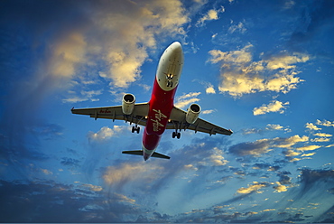 Air Asia Airbus 320 approaching Phuket International Airport, Thailand, Southeast Asia, Asia