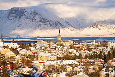 Downtown Reykjavik with mountains in the background, Reykjavik, Iceland, Polar Regions