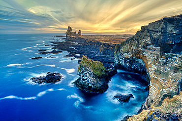 The Londrangar cliffs in the Snaefellsnes Peninsula at sunset, Iceland, Polar Regions