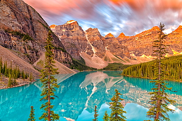 Lake Moraine at sunrise, long exposure, Banff National Park, UNESCO World Heritage Site, Alberta, Canadian Rockies, Canada, North America