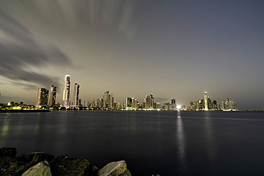 Long exposure of Panama City at dusk from the Monument Of The Flag Of Panama Park, Panama, Central America