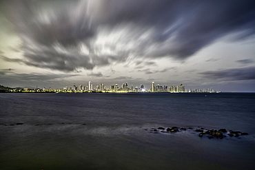 Long exposure at dusk overlooking the Bay of Panama in Panama City, Panama, Central America