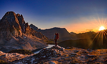 Sunset hike up Niblet, Nublet, Nub Peak, looking over Assiniboine and Lunette Lake, Alberta, Canadian Rockies, Canada, North America