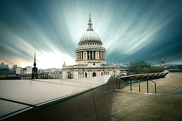 St. Pauls Cathedral shot from One New Change roof Terrace, with long exposure capturing cloud movement over London skyline, London, England, United Kingdom, Europe