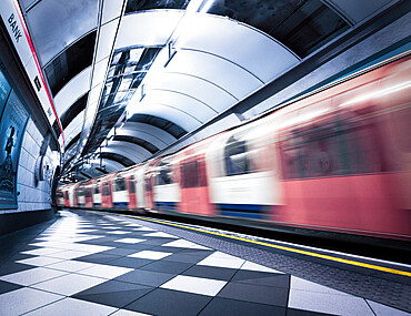 Bank Station capturing motion of the moving train, London, England, United Kingdom, Europe