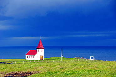 Red church by the sea, Iceland, Polar Regions