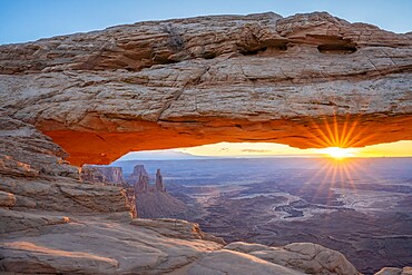 Close up view of canyon through Mesa Arch at sunrise, Canyonlands National Park, Utah, United States of America, North America