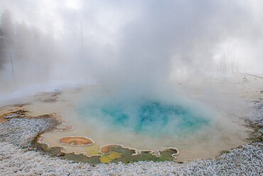 Blue thermal feature in the fog and snow, Yellowstone National Park, UNESCO World Heritage Site, Wyoming, United States of America, North America