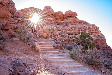 Sunburst through Turret Arch, Arches National Park, Utah, United States of America, North America