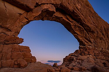 Dusk sky through Windows Arch, Arches National Park, Utah, United States of America, North America