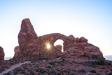 Sunburst through Turret Arch, Arches National Park, Utah, United States of America, North America