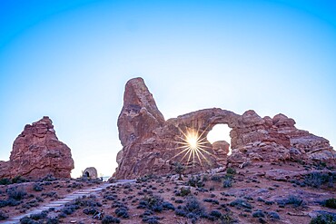 Sunburst through Turret Arch, Arches National Park, Utah, United States of America, North America