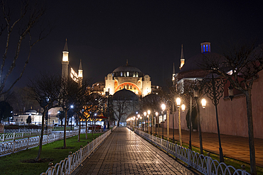 Illuminated Hagia Sophia Grand Mosque at night, UNESCO World Heritage Site, Istanbul, Turkey, Europe