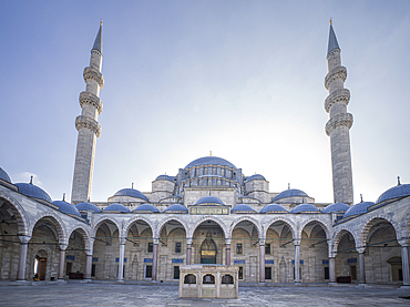 Suleymaniye Camii Mosque inner square with two minarets in the early morning, UNESCO World Heritage Site, Istanbul, Turkey, Europe