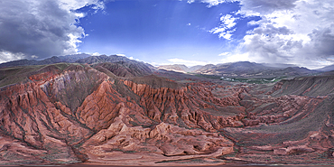 Panorama of Kok-Moinok Canyon, a clay-sand structure formed on the slopes of arid mountains cut by water streams, Kyrgyzstan, Central Asia, Asia