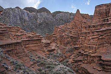 Kok-Moinok Canyon, a clay-sand structure formed on the slopes of arid mountains cut by water streams, Kyrgyzstan, Central Asia, Asia