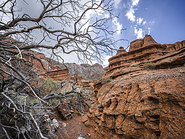 Majestic red rock spires in Kok-Moinok Canyon, Kyrgyzstan, Central Asia, Asia