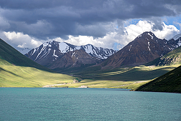 Majestic Tianshan Mountains overlooking Kol Ukok Lake, Kyrgyzstan, Central Asia, Asia