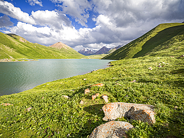 Tranquil Kol Ukok Lake surrounded by green mountains under a blue sky, Kyrgyzstan, Central Asia, Asia