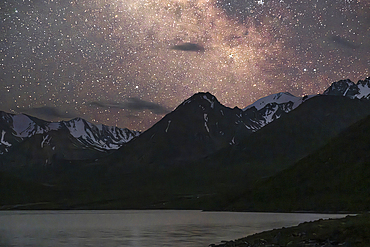 Night sky and milky way over Kol Ukok lake landscape showcasing stars and serenity