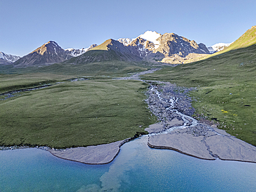 Kol-Ukok Mountain Lake surrounded by green mountains under a blue sky, Kyrgyzstan, Central Asia, Asia