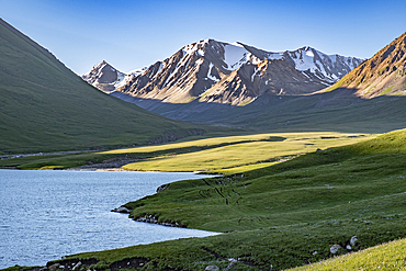 Kol-Ukok Mountain Lake at sunrise surrounded by green mountains under a blue sky, Kyrgyzstan, Central Asia, Asia