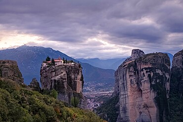 Aghia Triada Meteora Monastery on a cloudy evening, UNESCO World Heritage Site, Thessaly, Greece, Europe