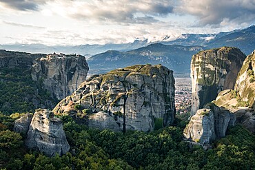 Agios Stefanos and Aghia Triada Monasteries at sunrise, Meteora, UNESCO World Heritage Site, Thessaly, Greece, Europe