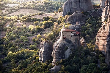 Sunset on Agios Nikolaos Monastery in Meteora, UNESCO World Heritage Site, Thessaly, Greece, Europe