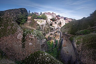 Megalo Meteoro Monastery framed by rocks, Meteora, UNESCO World Heritage Site, Thessaly, Greece, Europe