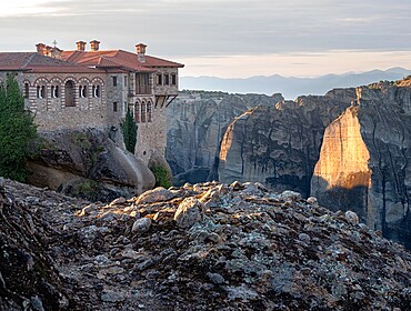 Varlaam Monastery and sunrise light on Meteora's rocks, Meteora, UNESCO World Heritage Site, Thessaly, Greece, Europe