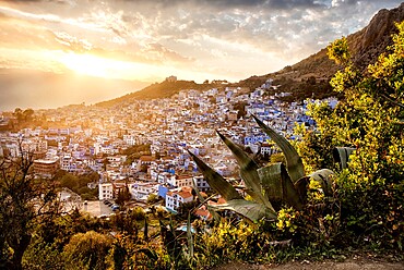 Sunset over Chefchaouen, the blue city of Morocco, North Africa, Africa