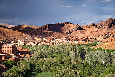 Village in a green oasis and beautiful light on the mountains in the background, Morocco, North Africa, Africa