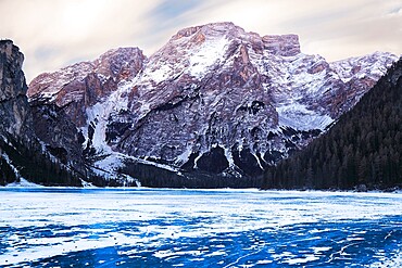 Lake Braies in the Italian dolomites completely frozen, Braies, Trentino-Alto Adige, Italy, Europe