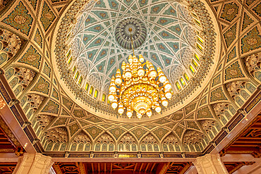 Majestic chandelier in the Sultan Qaboos Mosque in Muscat, Oman, Middle East